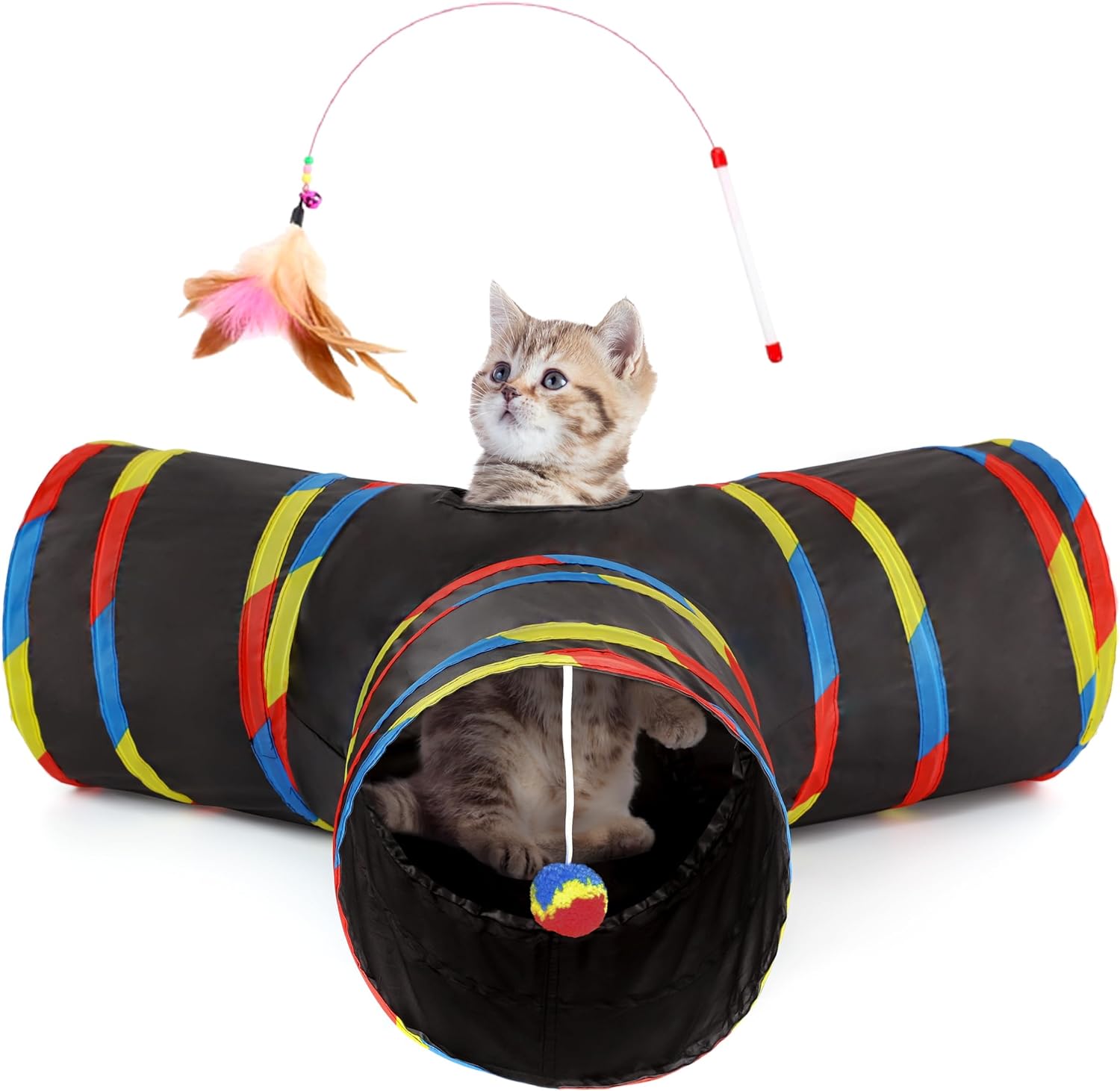 3-Way Collapsible Cat Tunnel with Peek Hole & Hanging Ball | Interactive Indoor Cat Toy