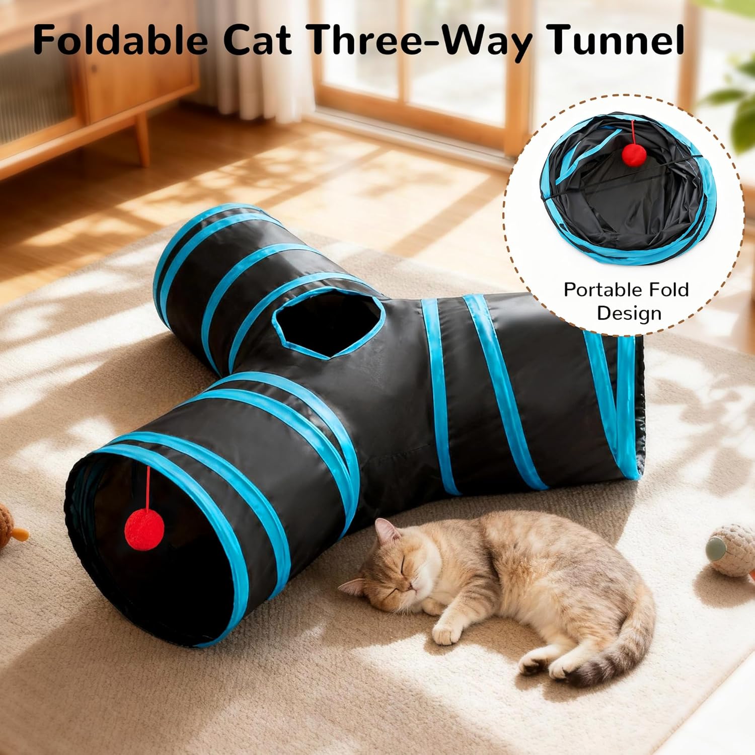 3-Way Collapsible Cat Tunnel with Peek Hole & Hanging Ball | Interactive Indoor Cat Toy