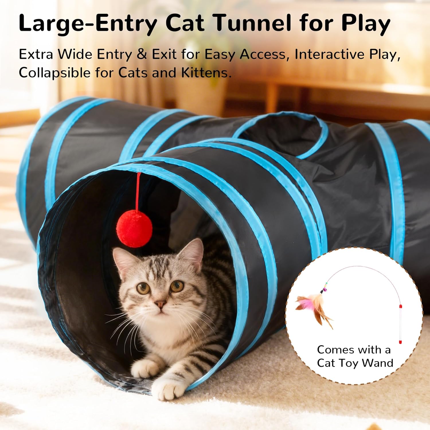 3-Way Collapsible Cat Tunnel with Peek Hole & Hanging Ball | Interactive Indoor Cat Toy