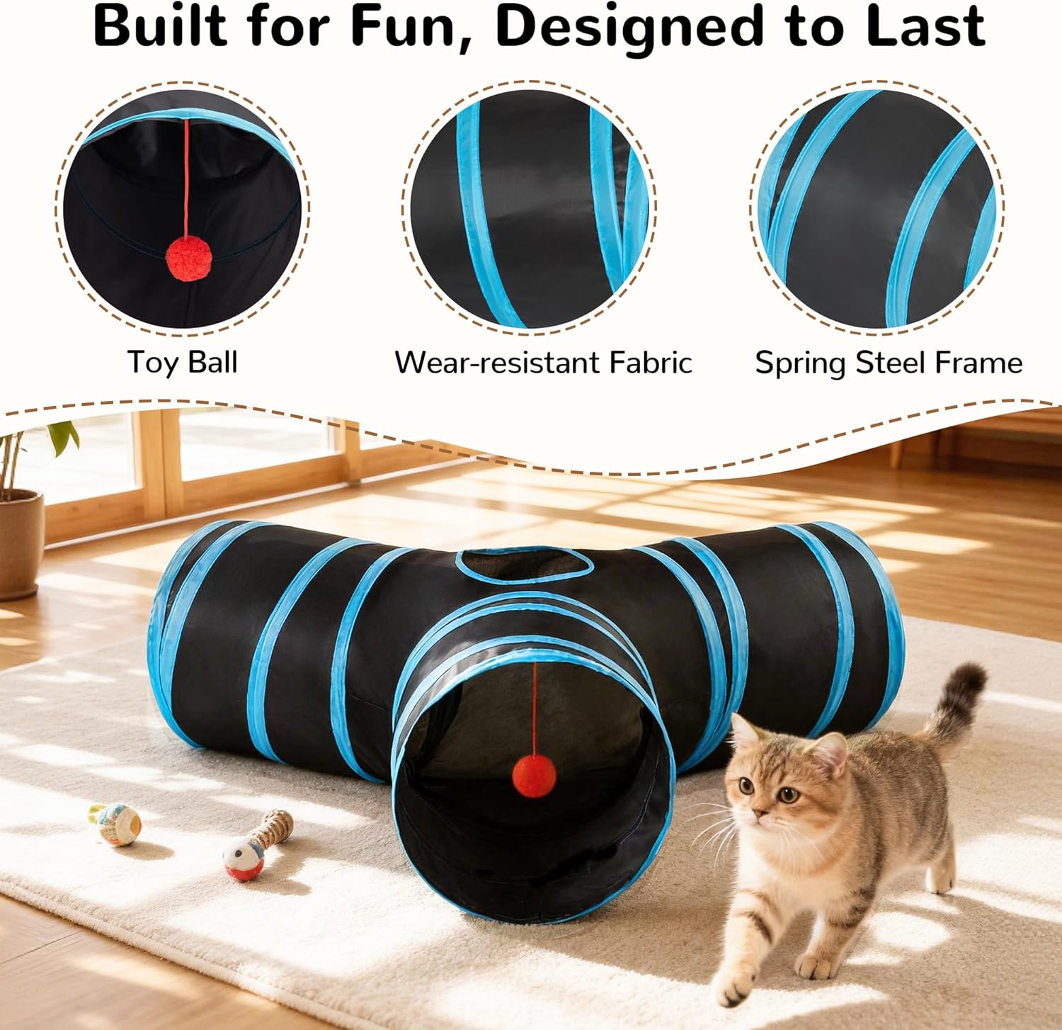 3-Way Collapsible Cat Tunnel with Peek Hole & Hanging Ball | Interactive Indoor Cat Toy