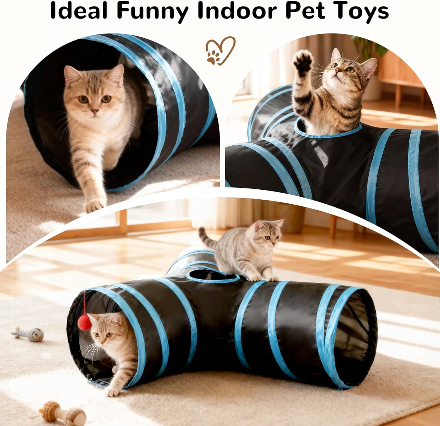 3-Way Collapsible Cat Tunnel with Peek Hole & Hanging Ball | Interactive Indoor Cat Toy