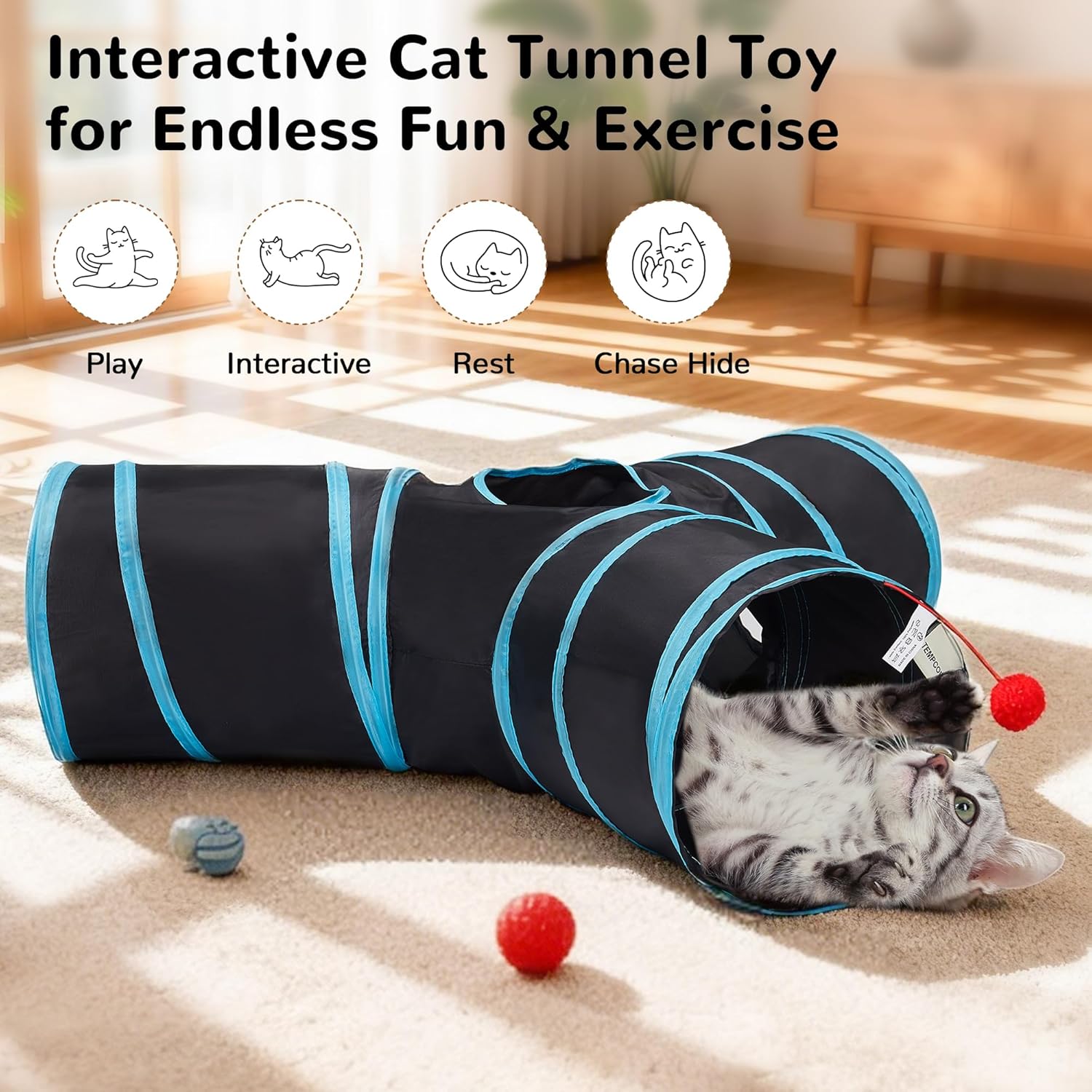 3-Way Collapsible Cat Tunnel with Peek Hole & Hanging Ball | Interactive Indoor Cat Toy
